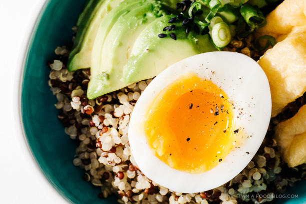 Quinoa Breakfast Bowl with Soft Boiled Eggs, Avocado & Miso 