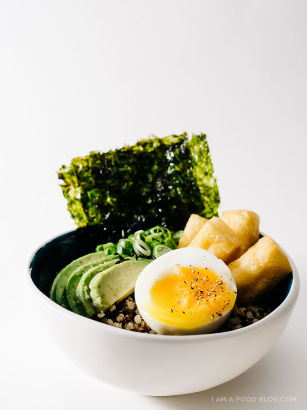 Quinoa Breakfast Bowl with Soft Boiled Eggs, Avocado & Miso 